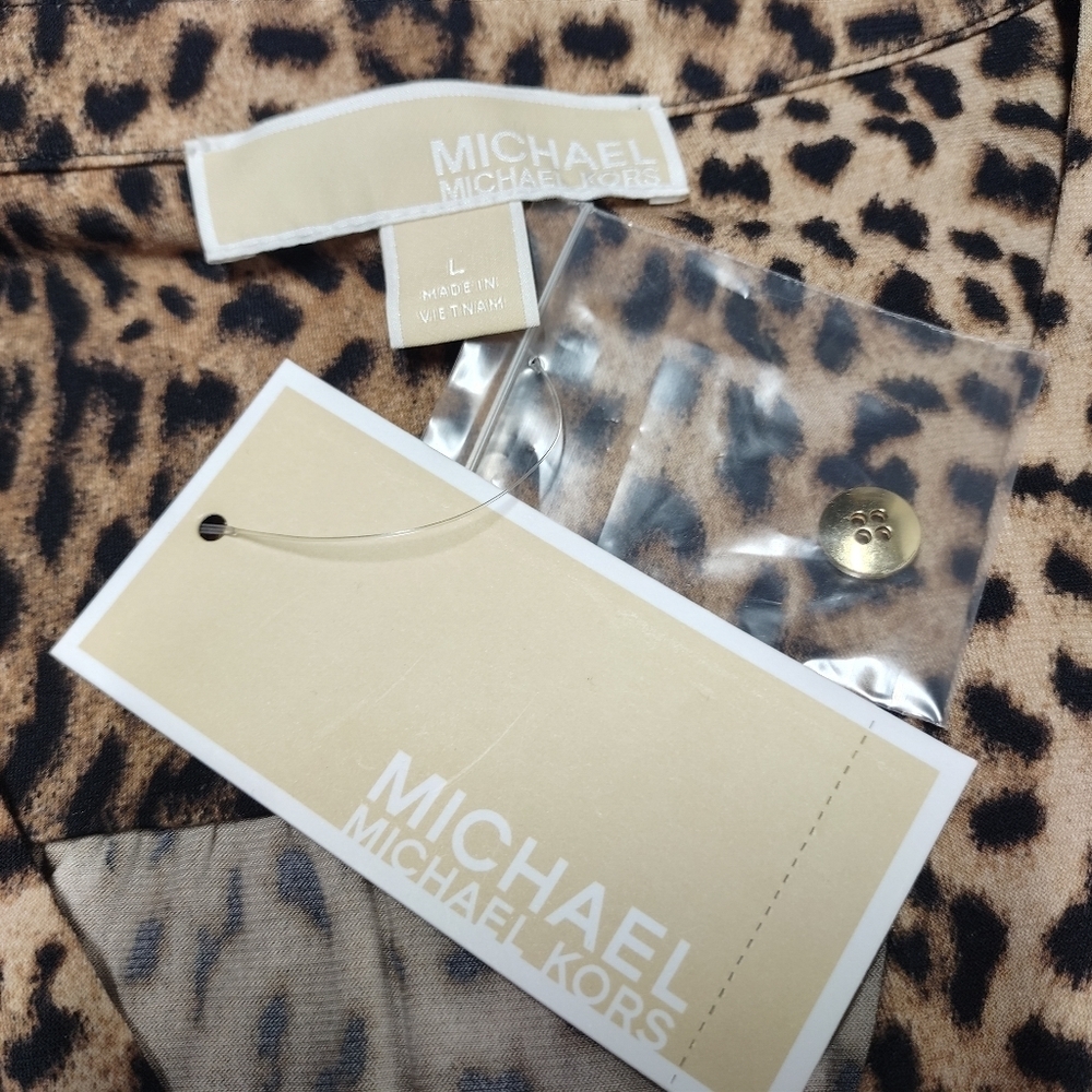 MICHAEL KORS Leopard Print Chain Lace-Up Neck Roll-up Tab Sleeve Dress Sz L NWT - Picture 11 of 12